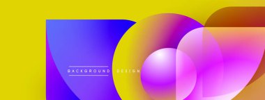 Soyut canlı tasarım, üst üste binen daireler, üçgen. Sarı arka plan mor ve turuncu renkleri tamamlıyor. Metin arkaplan tasarımı okur.