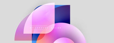 Soyut şekiller örtüşür, dinamik değişim etkisi yaratır. Yumuşak pembeler, morlar, maviler açık gri arka plana karışıyor. Minimalist tasarım.