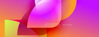 Canlı soyut şekiller üst üste binerek dinamik bir değişim etkisi yaratıyor. Pembe, sarı, morumsu renkler kompozisyona hakim. Modern tasarım ögesi.