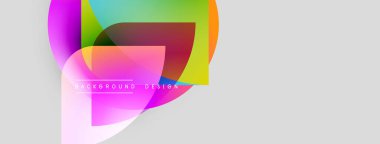 Soyut renkli şekiller örtüşüyor ve dinamik bir zemin oluşturuyor. Metin arka plan tasarımını merkezde okur. Minimalist stil, açık gri tuval.