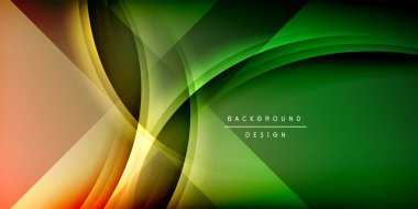 Soyut tasarım katmanlı kıvrımlar, gradyanlar içerir. Renkler arasında yeşil, turuncu, altın, siyah yer alıyor. Modern estetik, dinamik kompozisyon.