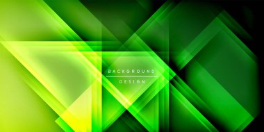 Soyut geometrik şekiller örtüşür ve koyu arkaplana karşı canlı yeşil ışıltı yaratır. Dijital projeler için modern tasarım ögesi.