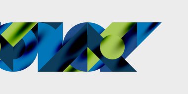 Soyut geometrik şekiller, canlı maviler, yeşiller dinamik bileşim oluşturur. Modern tasarım, temiz çizgiler, kalın renkler imaja hakim.