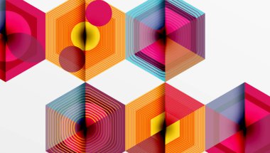 Altıgen desenler görüntüye hakim. Canlı renkler, geometrik şekiller soyut tasarım yaratır. Çizgiler, daireler karmaşık görseller oluşturarak kesişiyor.