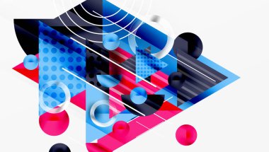 Soyut geometrik bileşim. Mavi, kırmızı, siyah şekiller kesişiyor. Çemberler, üçgenler, çizgiler dinamik görsel efekt yaratır. Modern tasarım elemanları.