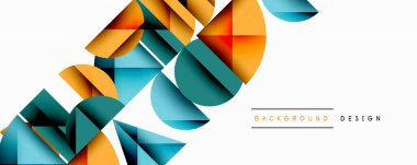 Soyut geometrik şekiller örtüşür, dinamik görsel doku oluşturur. Turuncu, deniz mavisi, mavi renkler temiz beyaz arka plana hakim. Modern tasarım ögesi.