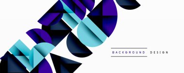Soyut geometrik şekiller örtüşür, dinamik bileşim yaratır. Mavi, mor renkler beyaz arkaplana hükmediyor. Modern tasarım ögesi.