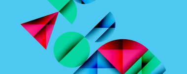 Soyut geometrik şekiller örtüşür, canlı renk zıtlıkları yaratır. Mavi arka plan pembe, yeşil ve mor elementleri arttırır. Modern tasarım.