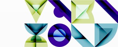 Soyut geometrik şekiller, canlı renkler, temiz çizgiler. Kompozisyonda üçgenler, daireler, üst üste binen formlar var. Modern tasarım estetik.