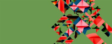 Soyut geometrik şekiller sağ tarafa hükmediyor. Yeşil arkaplan karşıtlık sağlar. Modern tasarım, canlı renkler, açısal biçimler.