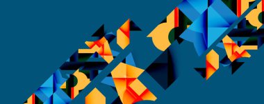 Soyut geometrik şekiller, canlı renkler, çapraz bileşim. Modern tasarım, kalın desenler, temiz çizgiler dinamik görsel etki yaratır.