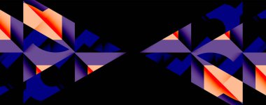 Soyut geometrik şekiller, mor, mavi, turuncu renkler. Simetrik tasarım, modern estetik, koyu arkaplan karşıtlık yaratır.