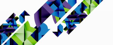 Soyut geometrik bileşim. Şekiller kesişir, dinamik görsel efekt yaratır. Maviler, yeşiller beyaz arka plana hakim. Modern tasarım.