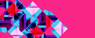 Soyut geometrik şekiller, canlı renkler, pembe arkaplan. Karmaşık bileşim dinamik görsel etki yaratır. Modern tasarım elemanları.