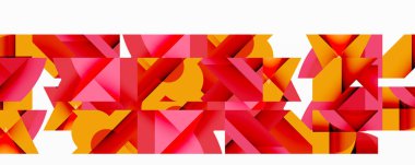 Soyut geometrik şekiller, canlı kırmızılar, portakallar, pembeler dinamik bileşim oluşturur. Modern tasarım, temiz çizgiler, kalın renkler imaja hakim.