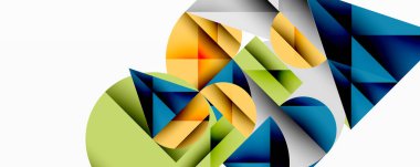 Soyut geometrik şekiller örtüşür, dinamik bileşim yaratır. Renkler arasında mavi, yeşil, turuncu, gri, beyaz yer alıyor. Modern tasarım.