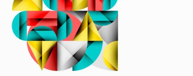 Soyut geometrik şekiller örtüşür, renkli kompozisyon oluşturur. Sarı, kırmızı, deniz mavisi, gri baskın tasarım. Modern estetik.