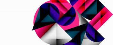 Soyut geometrik şekiller, canlı pembeler, morlar, deniz mavisi. Modern tasarım, temiz çizgiler, dinamik kompozisyon. Minimalist estetik, kalın renkler.