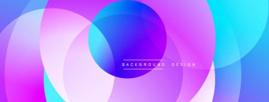 Soyut arkaplan, üst üste binen daireler, canlı mor, mavi renkler. Modern tasarım, pürüzsüz gradyanlar dinamik görsel efekt yaratır.