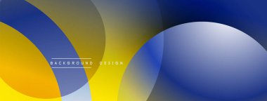 Soyut tasarım özellikleri üst üste binen daireler, gradyanlar. Sarı, mavi renkler dinamik görsel efekt yaratır. Modern estetik.