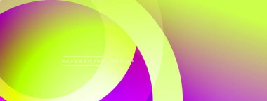 Soyut, enerjik bir arkaplan. Üst üste binen daireler sıvı eğimleri yaratır, mor, yeşil, sarı renkler dizaynın baskın renklerini oluşturur. Metin arkaplan tasarımı okur.