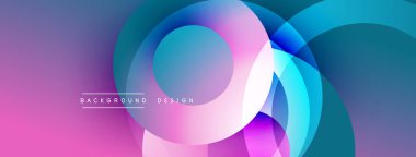 Soyut renkli çemberler çakışıyor. Dereceli tonlar pembeden maviye geçiyor. Arkaplan ve afişler için modern tasarım ögesi.