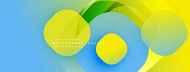 Soyut canlı tasarım, üst üste binen daireler, gradyanlar. Mavi, sarı, yeşil renkler dinamik görsel efekt yaratır. Modern estetik.