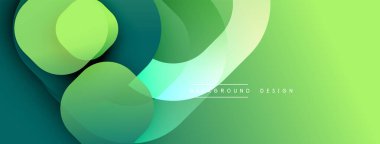 Soyut yeşil arkaplan. Üst üste binen şekiller dinamik görsel efekt yaratır. Yumuşak eğimler, modern tasarım elementleri mevcut.