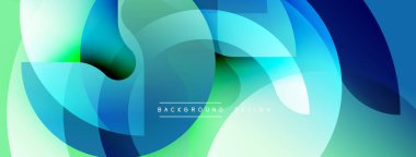 Soyut sıvı şekilleri örtüşür, parlak mavi, yeşil gradyanlar yaratır. Arkaplan, pankart ve sunumlar için modern tasarım ögesi.