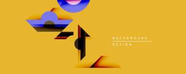 Soyut geometrik şekiller altın arka planla örtüşür. Mavi, mor, siyah, kırmızı gradyanlar dinamik bileşim oluşturur. Minimalist tasarım modern estetik, temiz çizgiler öneriyor.