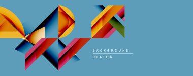 Soyut geometrik şekiller örtüşür, dinamik bileşim yaratır. Canlı renklendirici, mavi, kırmızı, açık mavi arka plana karşı mor renk. Modern tasarım ögesi.