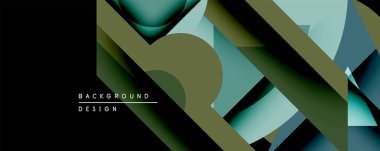 Soyut geometrik bileşim. Koyu arkaplan, üst üste binen şekiller, kıvrımlar, eğimler. Teal, zeytin, siyah renkler modern görsel efektler yaratır. Minimalist tasarım.