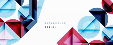Soyut geometrik şekiller örtüşür, dinamik bileşim yaratır. Mavi, kırmızı, mor renkler beyaz alana hükmediyor. Modern tasarım teknoloji, yenilik, görsel cazibe öneriyor.