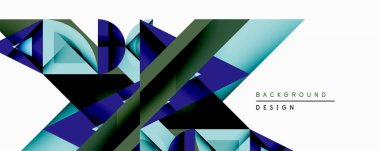 Soyut geometrik tasarım kesişen düzlemler içerir. Gölgeler mavi, yeşil, siyah, dinamik görsel doku oluşturur. Modern estetik arka planlar için uygundur.