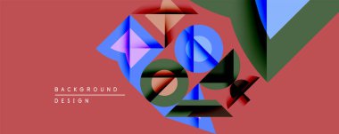 Soyut geometrik bileşim. Üst üste binen şekiller dinamik görsel efekt yaratır. Kırmızı arkaplan, modern tasarım estetiği sunan renkli şekilleri vurgular.