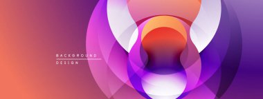 Soyut tasarım, üst üste binen daireler, canlı mor, turuncu renkler. Modern, dinamik kompozisyon görsel ilgi yaratıyor.