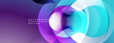 Soyut çemberler çakışıyor, canlı gradyanlar yaratıyor. Mor, mavi, beyaz renkler düzgün bir şekilde harmanlanır. Arka planlar için modern tasarım ögesi.