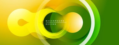 Soyut enerjik tasarım. Üst üste binen daireler dinamik akış yaratıyor, gradyanlar sarıdan yeşile kayıyor. Modern estetik.