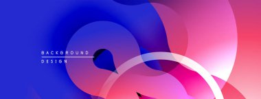 Soyut sıvı şekilleri canlı mavileri, morları, pembeleri harmanlıyor. Modern tasarım üst üste binen katmanlar, pürüzsüz eğimler, beyaz çizgiler.