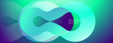 Soyut sıvı şekilleri örtüşür, canlı gradyanlar yaratır. Teal, turkuaz, mor renkler tasarımda baskın. Modern, dinamik kompozisyon.