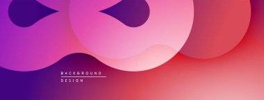 Soyut gradyanlar mor, pembe ve kırmızı renkleri harmanlarlar. Üst üste binen şekiller dinamik görsel akış yaratır. Modern tasarım ögesi.