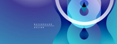 Soyut mavi tasarım, üst üste binen daireler, kıvrımlı çizgiler. Gradyan gölgeler derinlik yaratır, modern estetik. Minimalist kompozisyon.