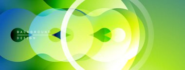 Soyut enerjik tasarım. Üst üste binen daireler dinamik değişim etkisi yaratır. Mavi, yeşil, sarı renkler arasında yumuşak geçişler.