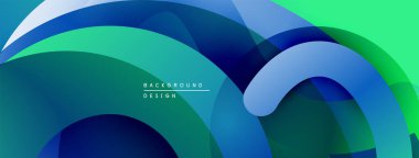 Soyut sıvı şekilleri, canlı maviler, yeşiller dinamik bileşim oluşturur. Arkaplan ve afişler için modern tasarım ögesi.