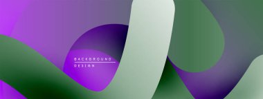 Soyut gradyanlar çakışıyor, dinamik görsel akış yaratıyor. Mor, yeşil, beyaz renkler düzgün bir şekilde harmanlanır. Modern tasarım ögesi.