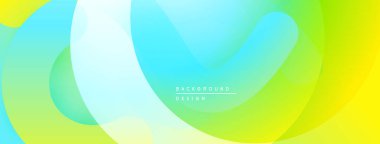 Soyut, enerjik bir arkaplan. Pürüzsüz akışkan şekiller sarı, yeşil, mavi renkleri harmanlıyor. Dijital projeler için modern tasarım ögesi.