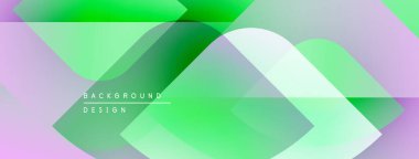 Soyut geometrik tasarım. Üst üste binen katmanlar canlı yeşil, mor renkler yaratır. Dijital projeler için modern arkaplan.