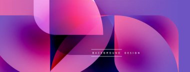 Soyut geometrik şekiller canlı mor ve pembe renkleri harmanlarlar. Modern tasarım dinamik hareket, görsel enerji öneriyor. Arkaplanda metin ögeleri.