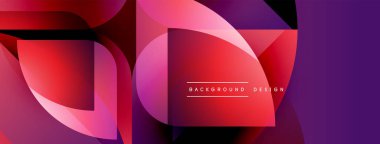 Soyut geometrik şekiller örtüşür, canlı kırmızı, mor renkler yaratır. Modern tasarım elementleri dinamik görsel deneyim önerir.