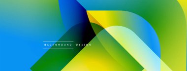 Soyut renkli tasarım, üst üste binen şekiller. Gradyan karışımı mavi, yeşil, sarı renkler. Modern estetik, basit metin örtüsü mevcut.